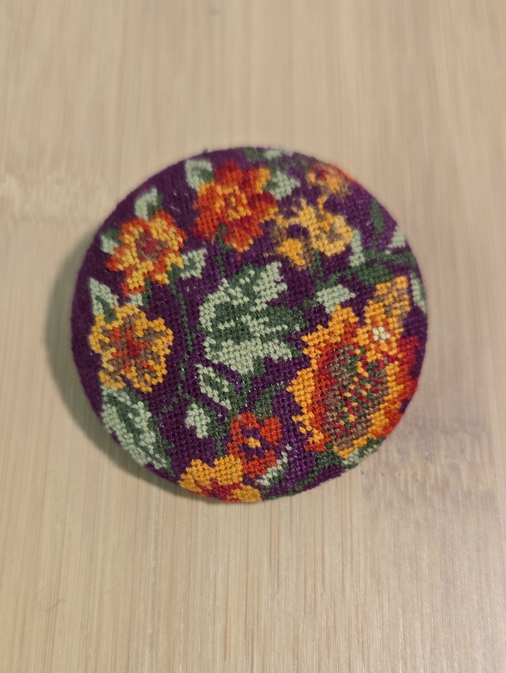 April Cornell Purple Floral Embroidered Round Brooch
